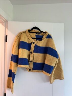Raf Simons Blue & Mustard Cropped Striped Cardigan